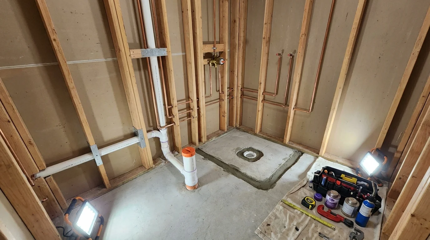 Bathroom rough-in plumbing during remodel by Johns Plumbing LLC in Oak Ridge