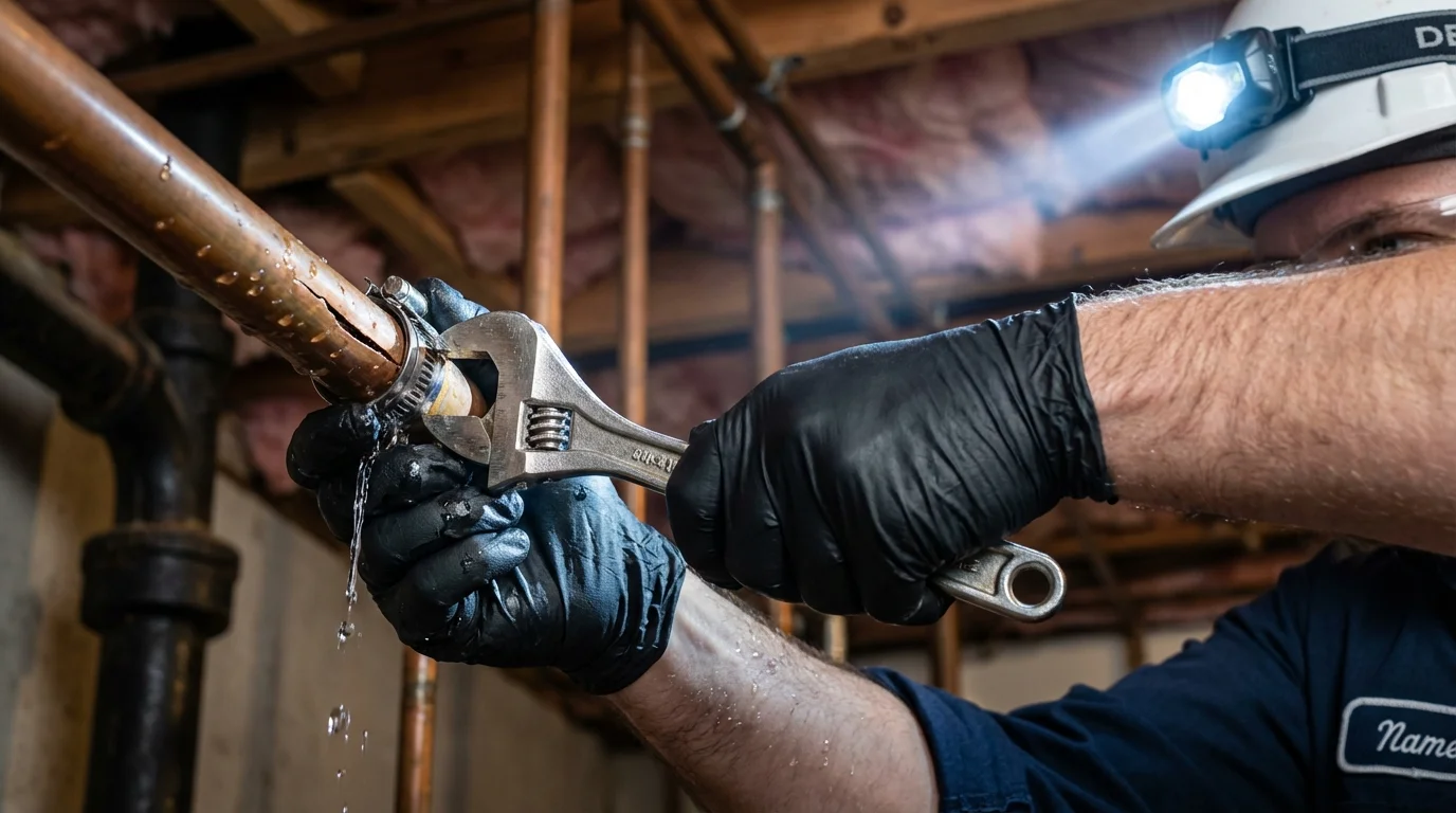 Emergency pipe clamp repair being performed by a Johns Plumbing LLC plumber in Oak Ridge