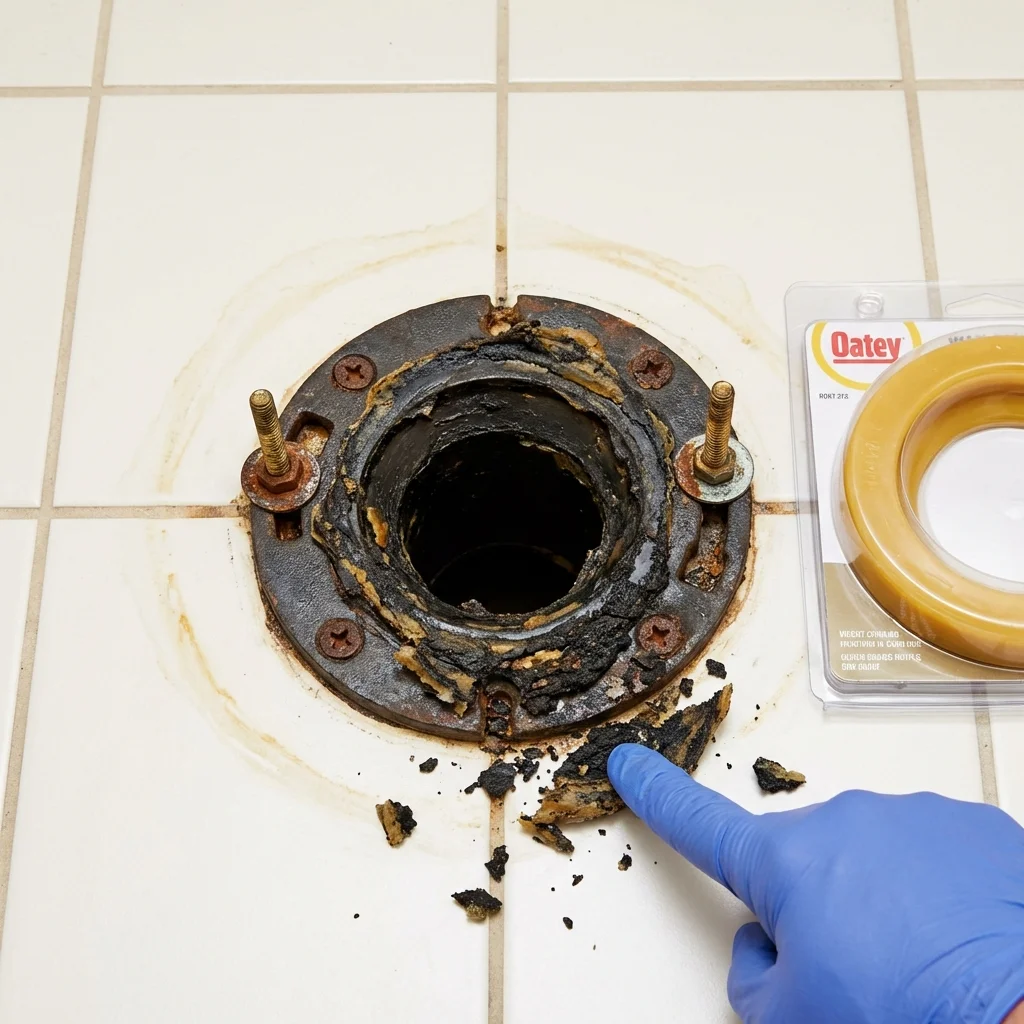 Failed wax ring showing water seepage at the base of a toilet in a Oak Ridge, TN home