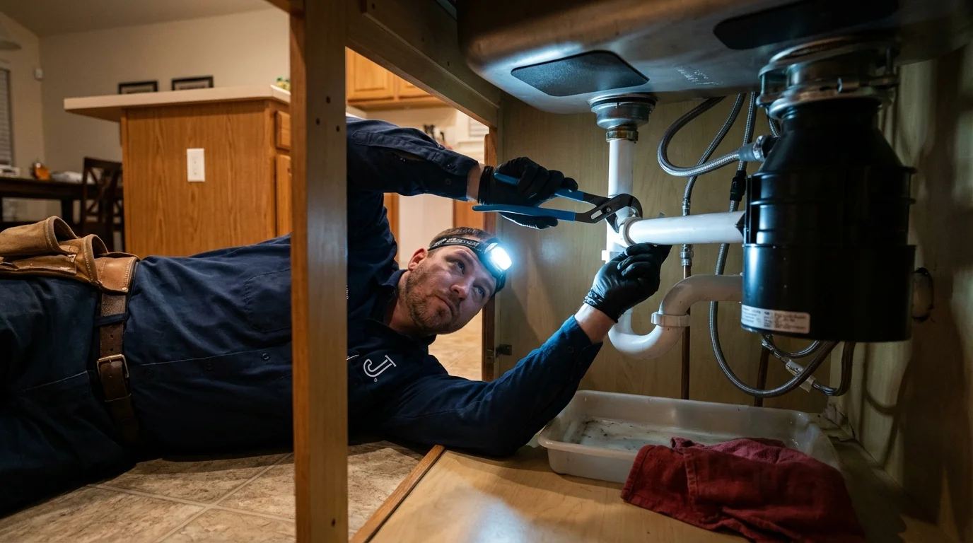 P-trap and supply line connections under a kitchen sink showing a common leak point in Oak Ridge, TN
